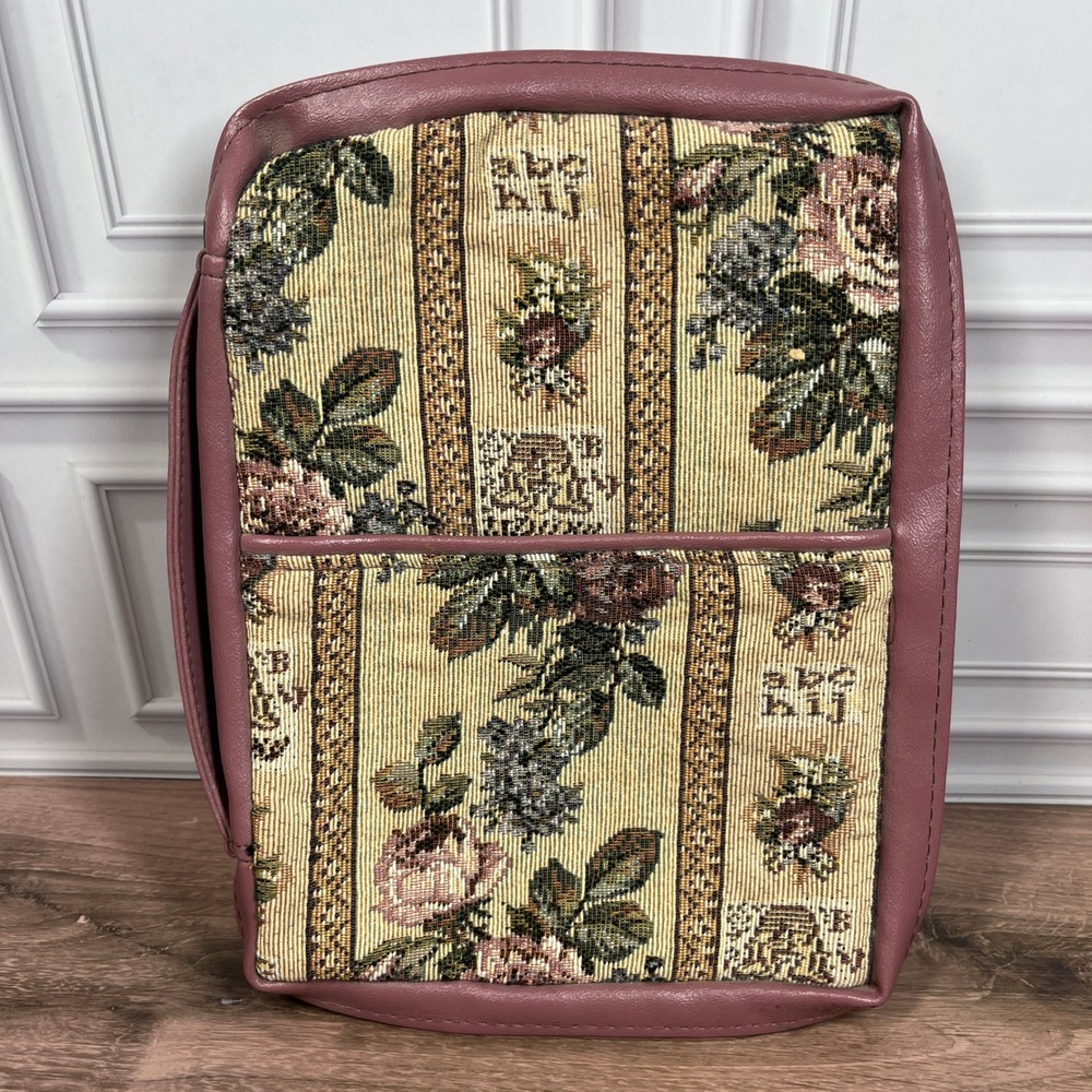 VTG Covers Christian World Talon‎ Style Bible Cover Mauve Floral Tapestry Handle